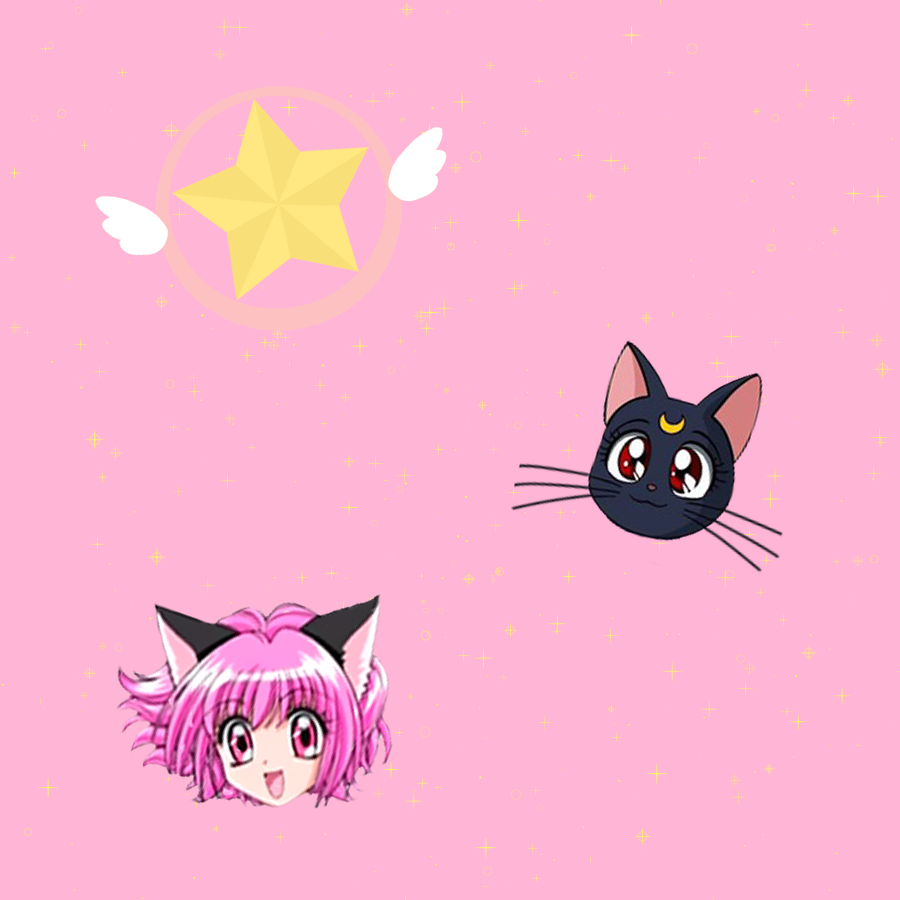 A picture with a pink background. It has a star from CArdcaptor Sakura, Luna from Sailor Moon, and Mew Ichigo from Tokyo Mew Mew
