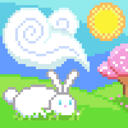 A pixel art scene of a bunny laying ona  grassy hill. There is a sakura tree to the right, the sun is out, and tehre is a big swirly cloud in the sky.