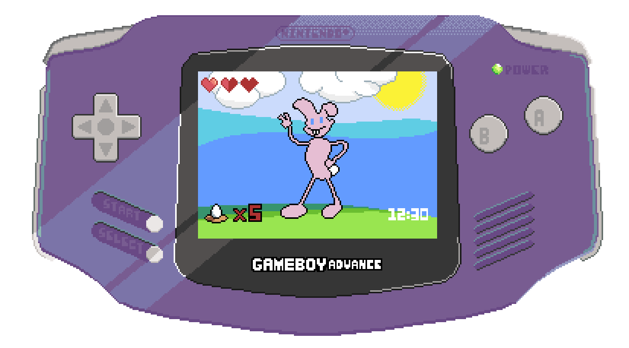A purple, pixel Gameboy Advance. The screen shows a pixel rabbit making a peace sign at the screen. There are hearts to indicate health in the top left corner, and a counter showing five eggs in the bottom left corner of the screen.