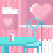 A pixel art scene of a pink cafe. A light blue chair and table sit in the foreground, a pink mailbox on the left wall, and a giant pink heart in the background