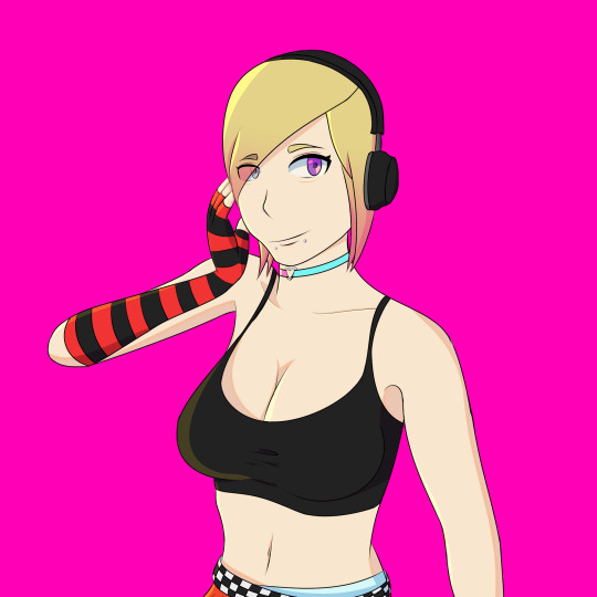 A drawing of a girl looking at the camera and pushing her hair to the side of her face. Her right eye is grey, and her left eye is purple. She is wearing red and black striped arm warmers, a black crop top, headphones, a pink and blue choker with a heart in the middle, and yellow/red greadient hair.