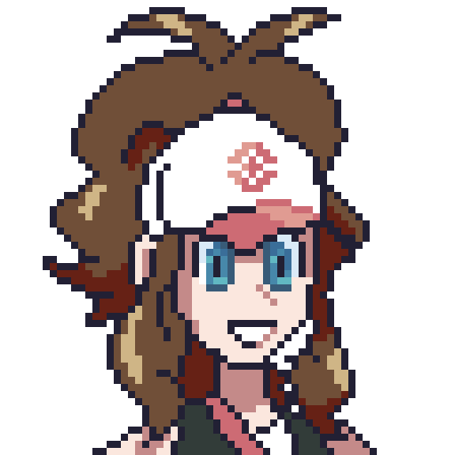 A pixel art rendition of Hilda, the female trainer from Pokemon Black