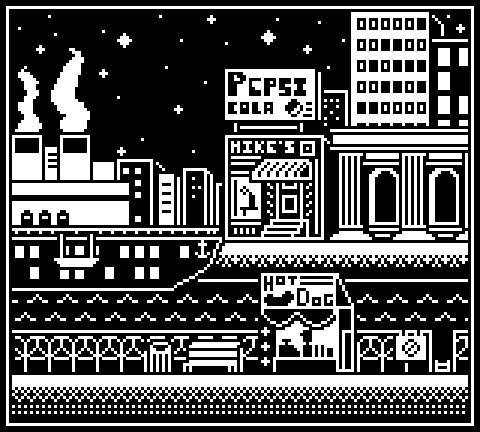 A 1-bit piece of pixel art that shows a harbor at night. There are brick buildings in the background, a starry sky, a steam ship in the water, and a bench and hot dog stand in the foreground.
