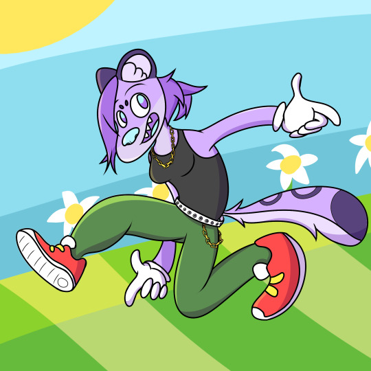 A drawing of a purple anthromorphic Snow Leopard. They are running through Green Hill Zone doing the pose from the Sonic Adventure box art. They are wearing a black tank top and baggy green pants.