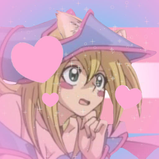 A picture of dark magician girl in front of a Trans Flag background. She has kitty ears sticking out of her hat, she is blushing, and there are hearts and sparkles surrounding her